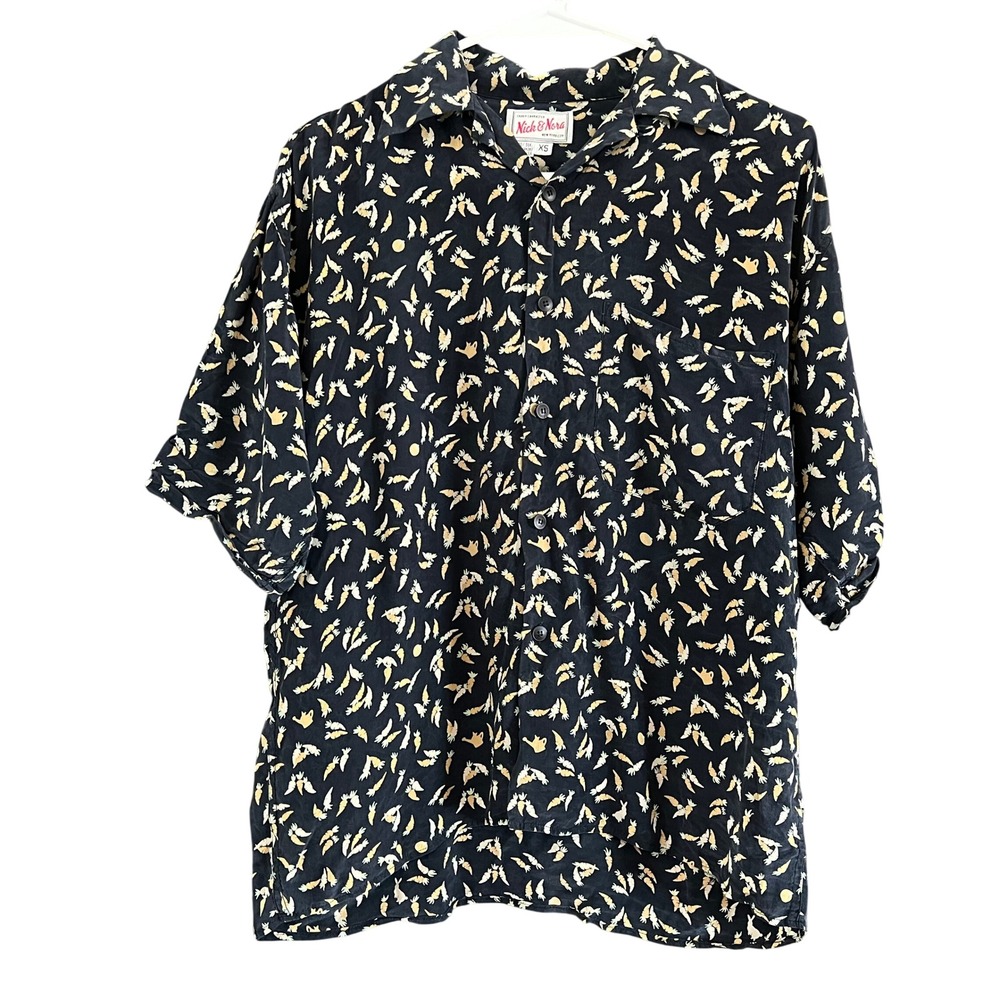 Nick & Nora Shady Character Silk Carrot Print Button Down Shirt XS Made in USA